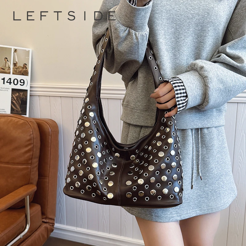 LEFTSIDE  Rivets Design PU Leather Bucket Hobo Bags for Women 2025 New Punk Style Trend Female Shoulder Bag Handbags and Purses
