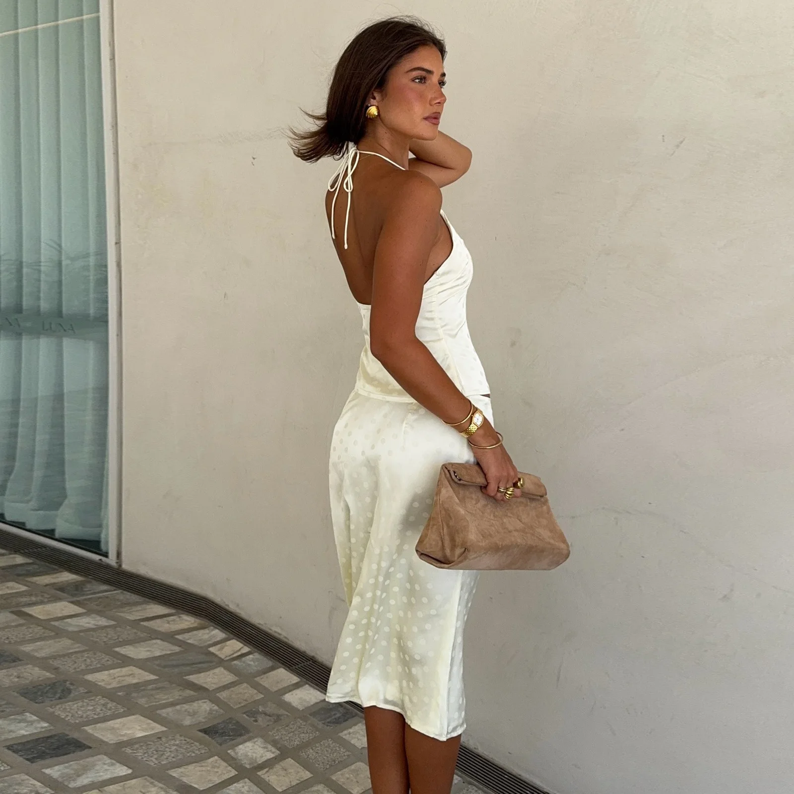 Polka Dot Satin Halter Backless Midi Skirt Set Women's Matching 2 Piece Ensemble Femmes Summer Casual Outfits 2026