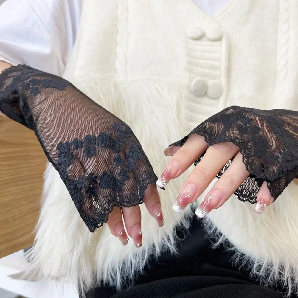 New Mesh Flower Sunscreen Mittens Touch Screen Breathable Printing Half Finger Gloves Party Summer Lace Gloves