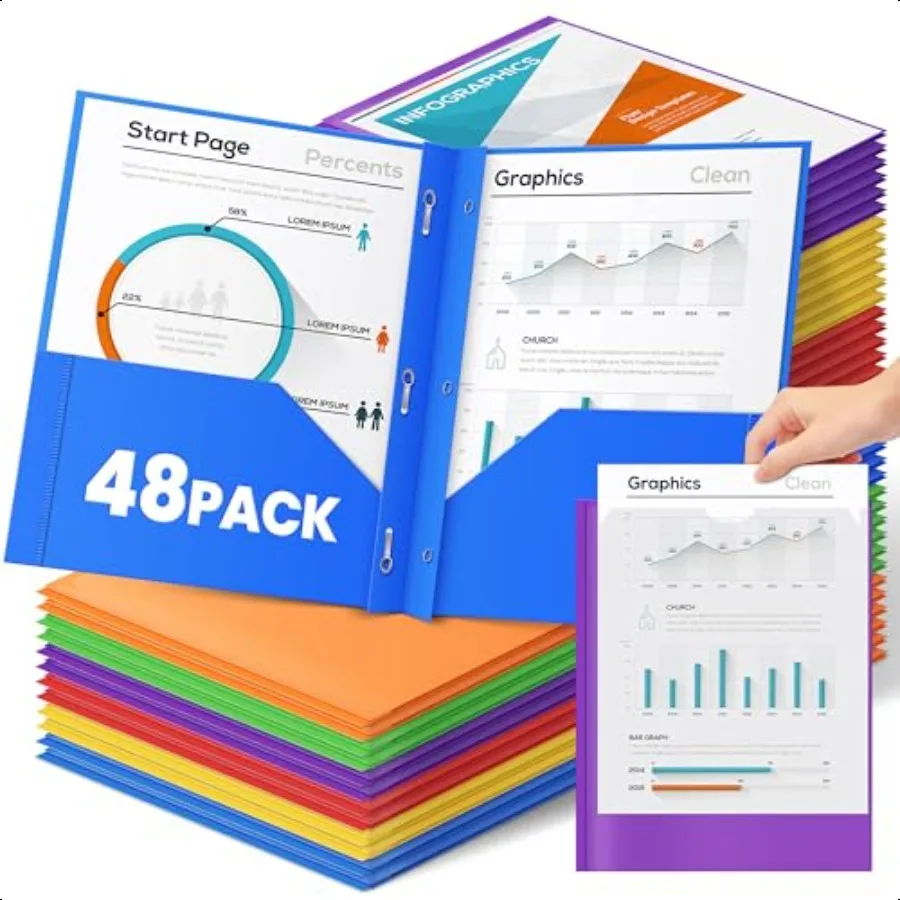 

48 Pack 2 Pocket Folders with 3 Prongs Bulk Plastic Folders with Clear Front Pocket in 6 Colors Heavy Duty File Folder with Fas