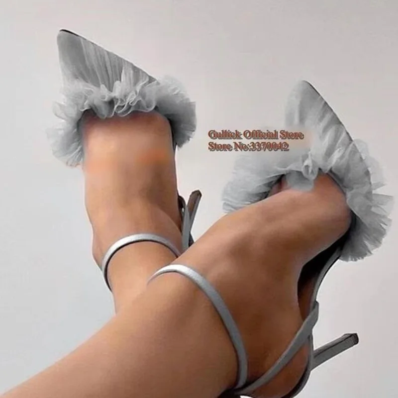 Stylish Ruffle High Heel Shoes Mesh Ankle Strap Pointed Toe Stiletto Heel Party Dress Shoes Fuchsia Gray Purple Pleated Pumps