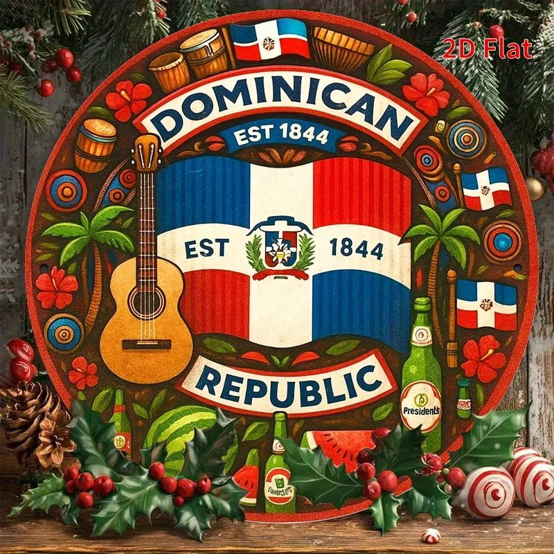 2D Flat - Vintage Dominican Republic Metal Wall Decor - Distressed Round Cultural Art Decoration for Home And Garden