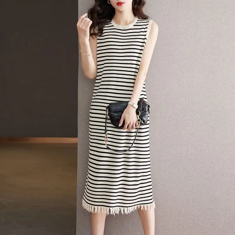 

2024 Spring Summer Women O-neck Knitted Vest Dresses Female Long Ice Silk Sleeveless Dress Ladies Loose Straight Vestidos M110