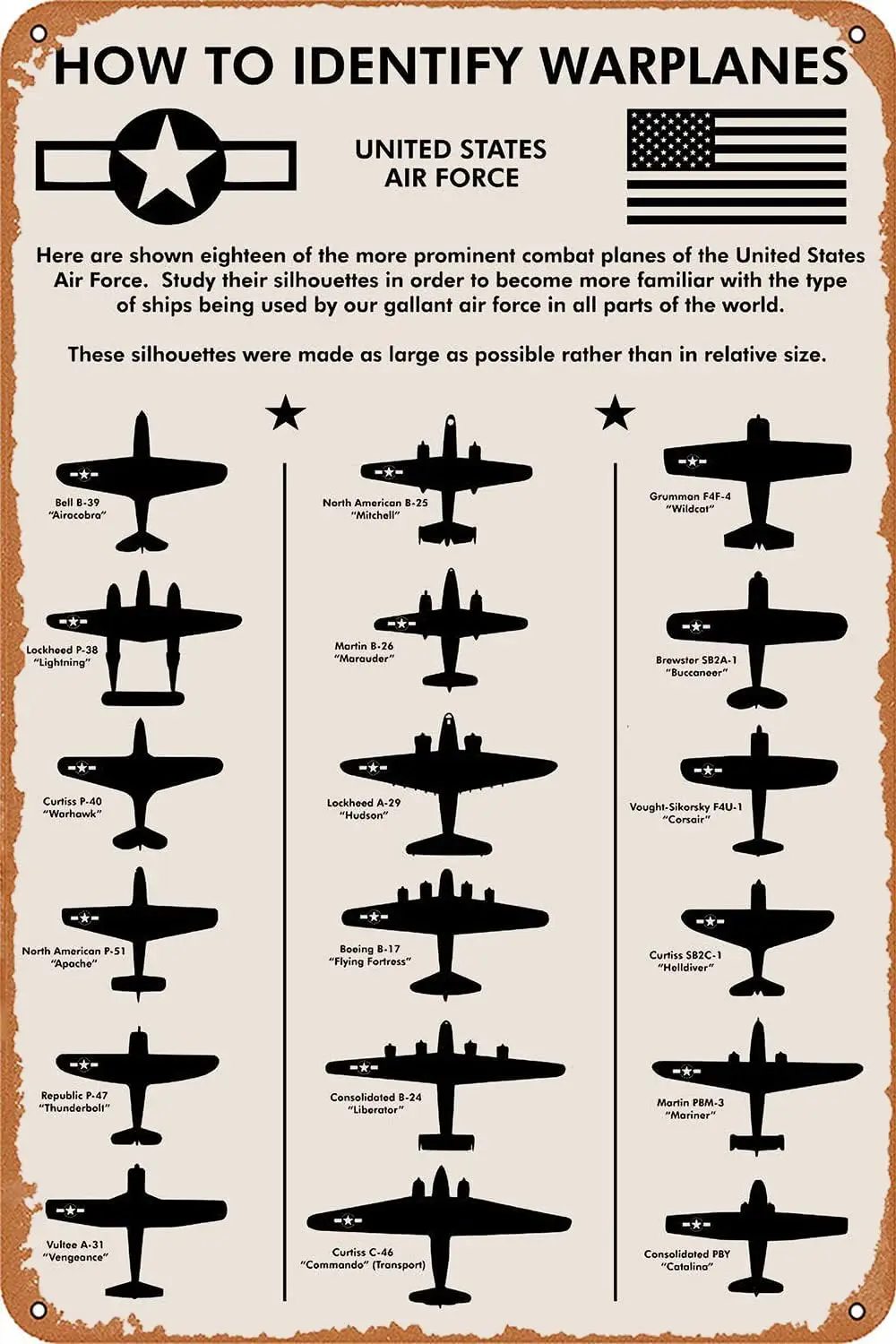 WWII Planes，How To Identify Warplanes Metal Tin Sign  Inch | Gift for Pilot, Men, Dad, Boyfriend, Him, WallArt,Aviation Art