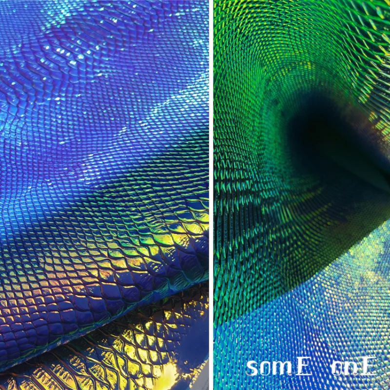 Snake Skin Grains Leather Fabric Blue Green Gradient DIY Patches Bag Decor Stage Cosplay Dress Clothes Designer Fabric