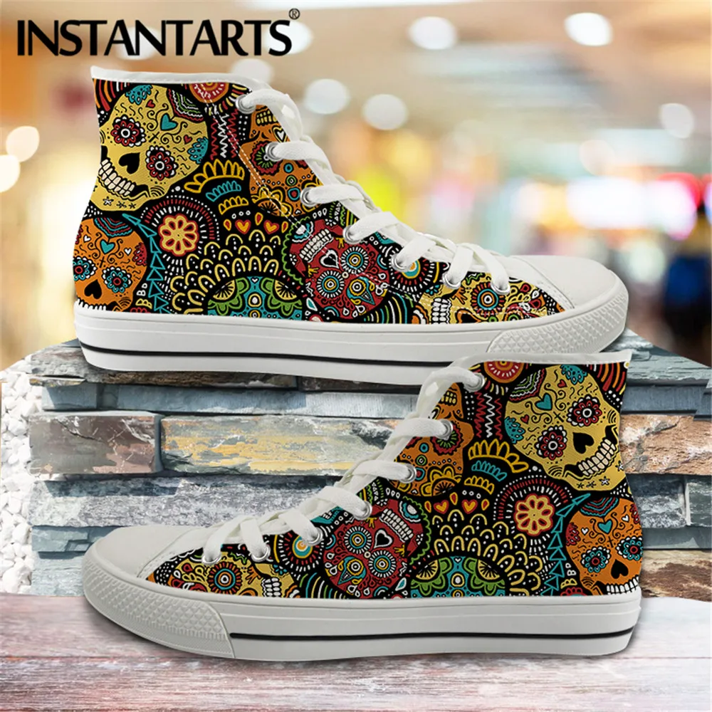 INSTANTARTS Men Vulcanized Sneakers High Top Canvas Shoes Classic Sugar Skulls Brand Design Men\'s Flats Shoes Lace Up Footwear