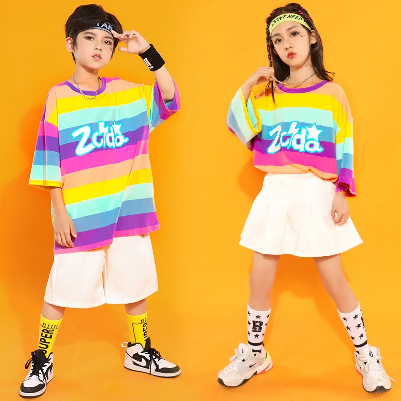 เด็ก Hip Hop Dance ชุดสาวเวทีแจ๊สเสื้อผ้าเด็กเต้นรําหลวมแขนสั้น Rainbow Top