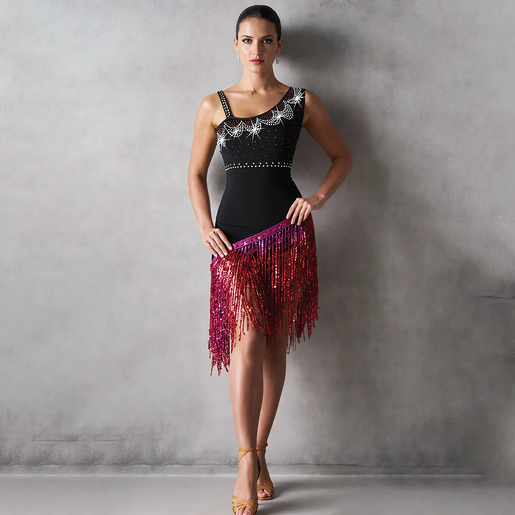 

Rose Red Tassel Dress Samba Latin Dance Clothing Women's New Rhinestone Sling Sequin Sleeveless Leopard Print Performance Dress