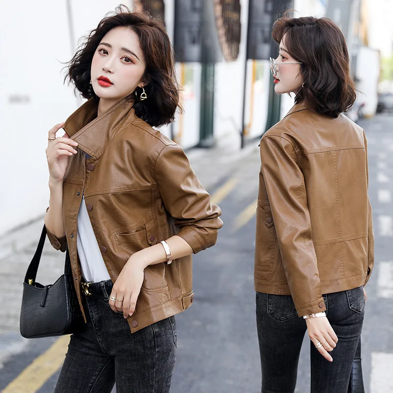 Spring and Autumn Fashion Korean Sheepskin Coat Women's 2024 New Slimming Washed Leather Short Motorcycle Leather Coat