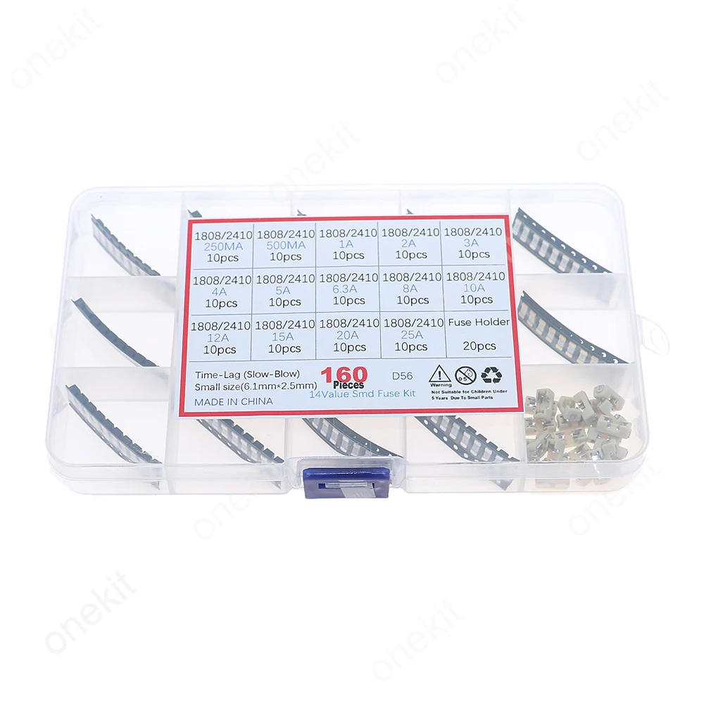160pcs 15Value 250V 1808 2410 6125 0.25A - 25A Ceramic SMD Slow blow Fuse Assorted kit