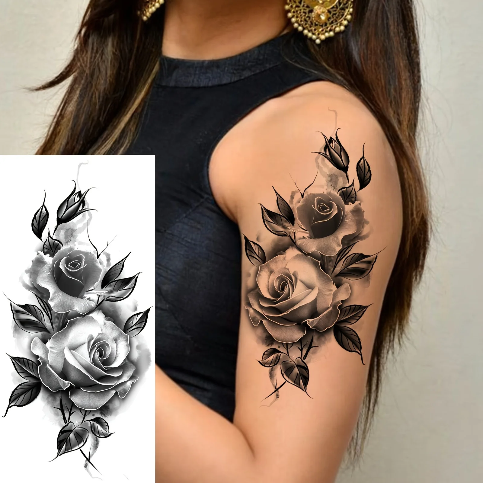 

5pcs realistic black rose flower female adult tattoo stickers, waterproof calf arm forearm sleeve fake tattoo stickers