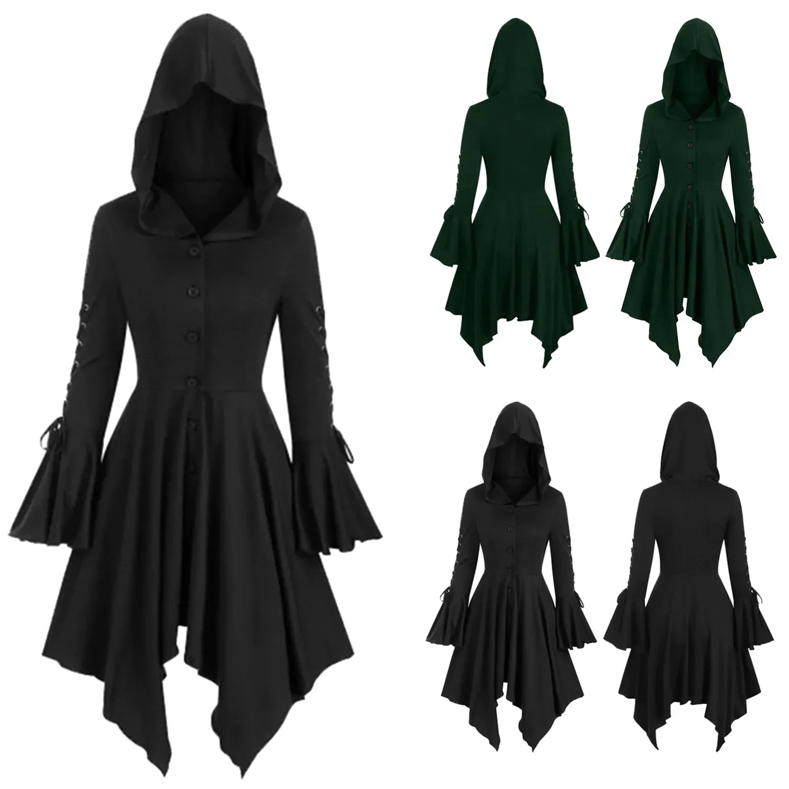 

Ladies Medieval Gothic Hooded Cape Coat Irregular Hem Lotus Sleeves Punk Dress Renaissance Gown Party Cosplay Robe Winter Jacket