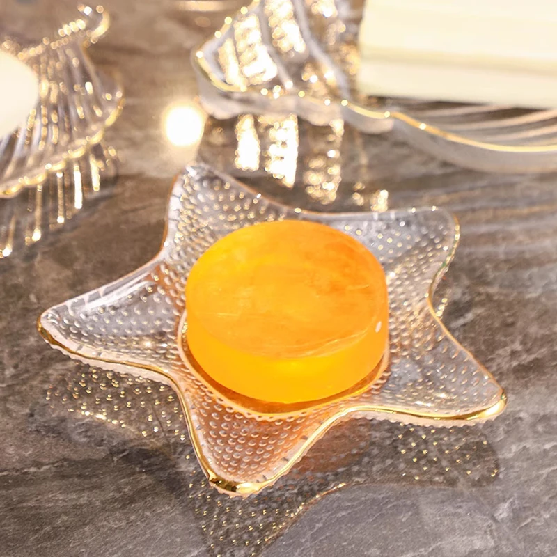 Creative Transparent Glass Gold Border Soap Box, Conch Shaped, Pentagram shape, Soap Dishes, Home Bathroom Kitchen Articles, 1Pc
