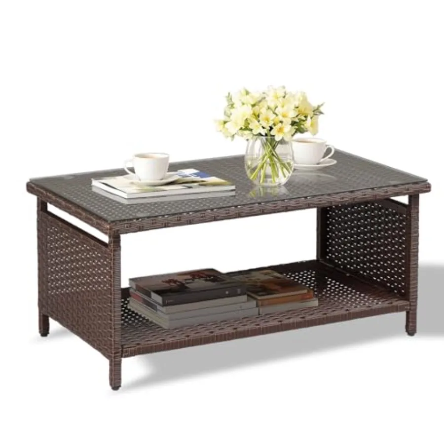 Outdoor Wicker CoffeeTable Patio Coffee Tables for Outside, Tempered Glass Top Wicker Table with Storage Coffee Table for Patio