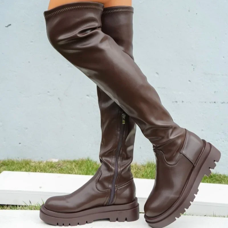 Soft Leather Thick Sole Over Knee Boots Women\'s Large Size 43 Boot Comfortable Elastic High Cavalier Boots Platform Women Shoes