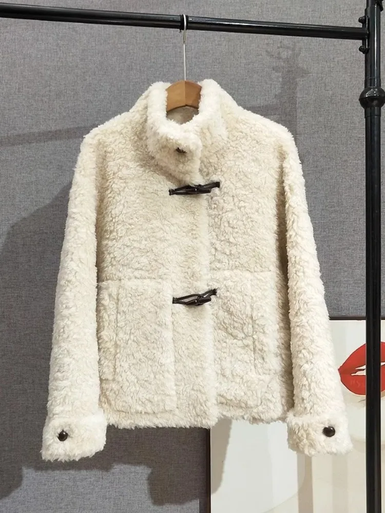 Cappotto da donna autunno inverno caldo lana cashmere sciolto casual capispalla in pura lana colletto alla coreana giacca corta con bottoni in corno di mucca soprabito