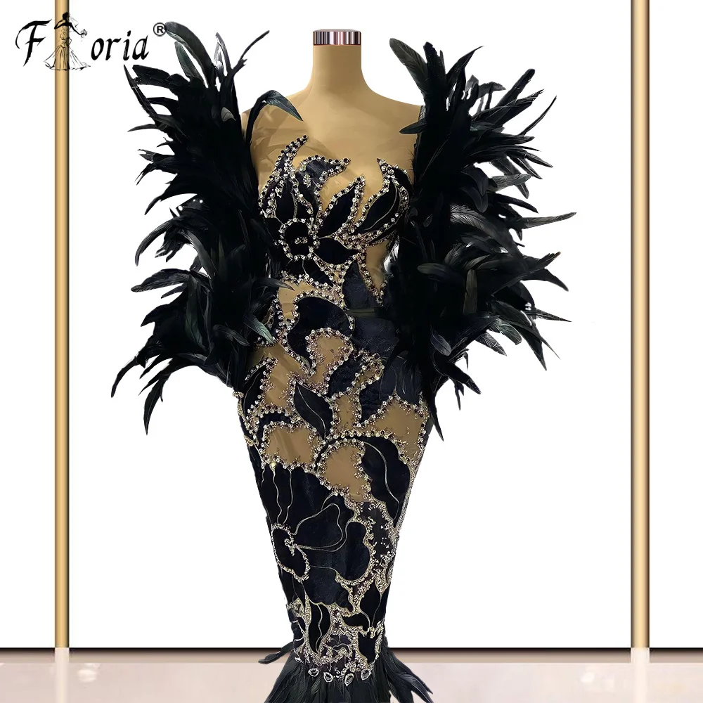 Vintage Design Long Sleeves Feathers Mermaid Party Dresses Black Evening Prom Dress Custom Made vestidos de ocasión formales