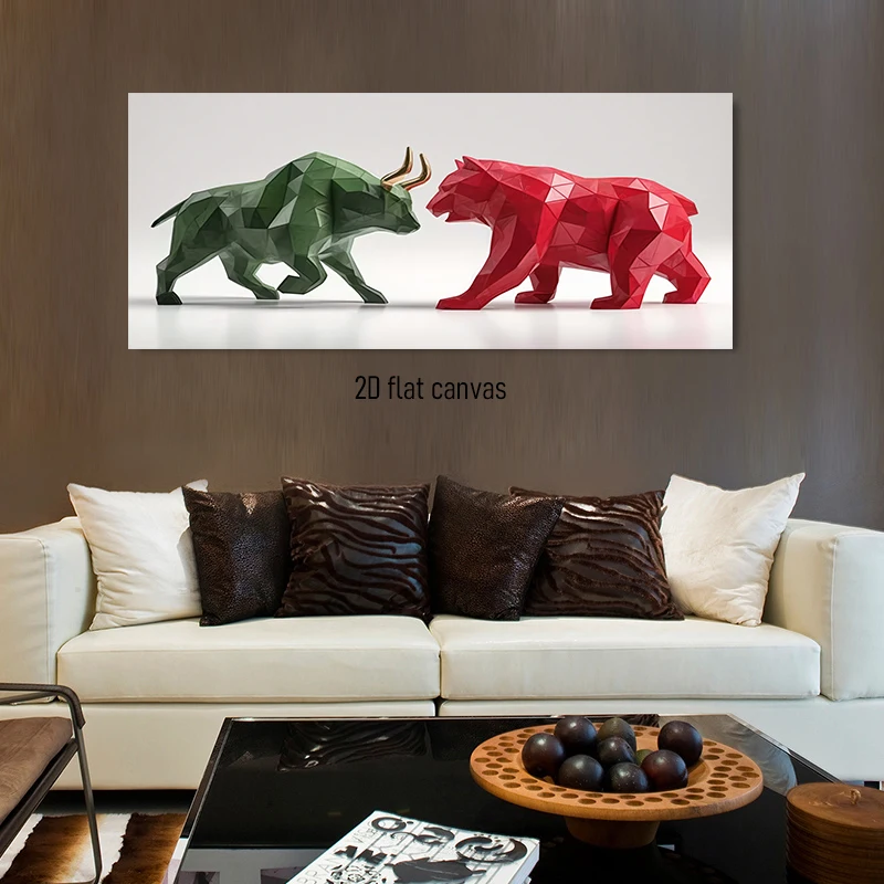 1 pièce – Art décoratif de style géométrique représentant un taureau et un ours en position de face à face, rouge et vert ; art mural sur toile sur le thème financier 2D
