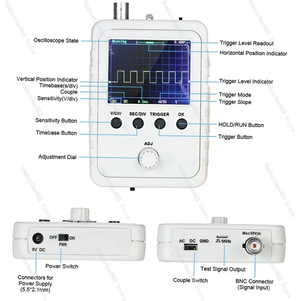 Digital Oscilloscope with Power Supply BNC-Clip Cable Probe DS0150 (Assembled Finished Machine) Oscilloscope DIY Kit