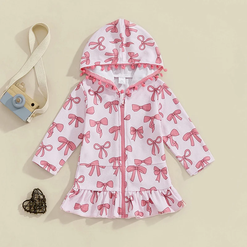 Girls Hooded Beach Robe Bow Print Long Sleeve Zipper Closure Loose Ruffled Hem Cover-Up