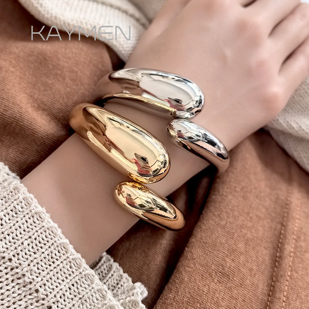 Kaymen New Trendy Alloy Unsymmetric Drop-water Shape Brushed Gold Color Chunky Bangles Statement Nice Bracelet Jewelry for Women