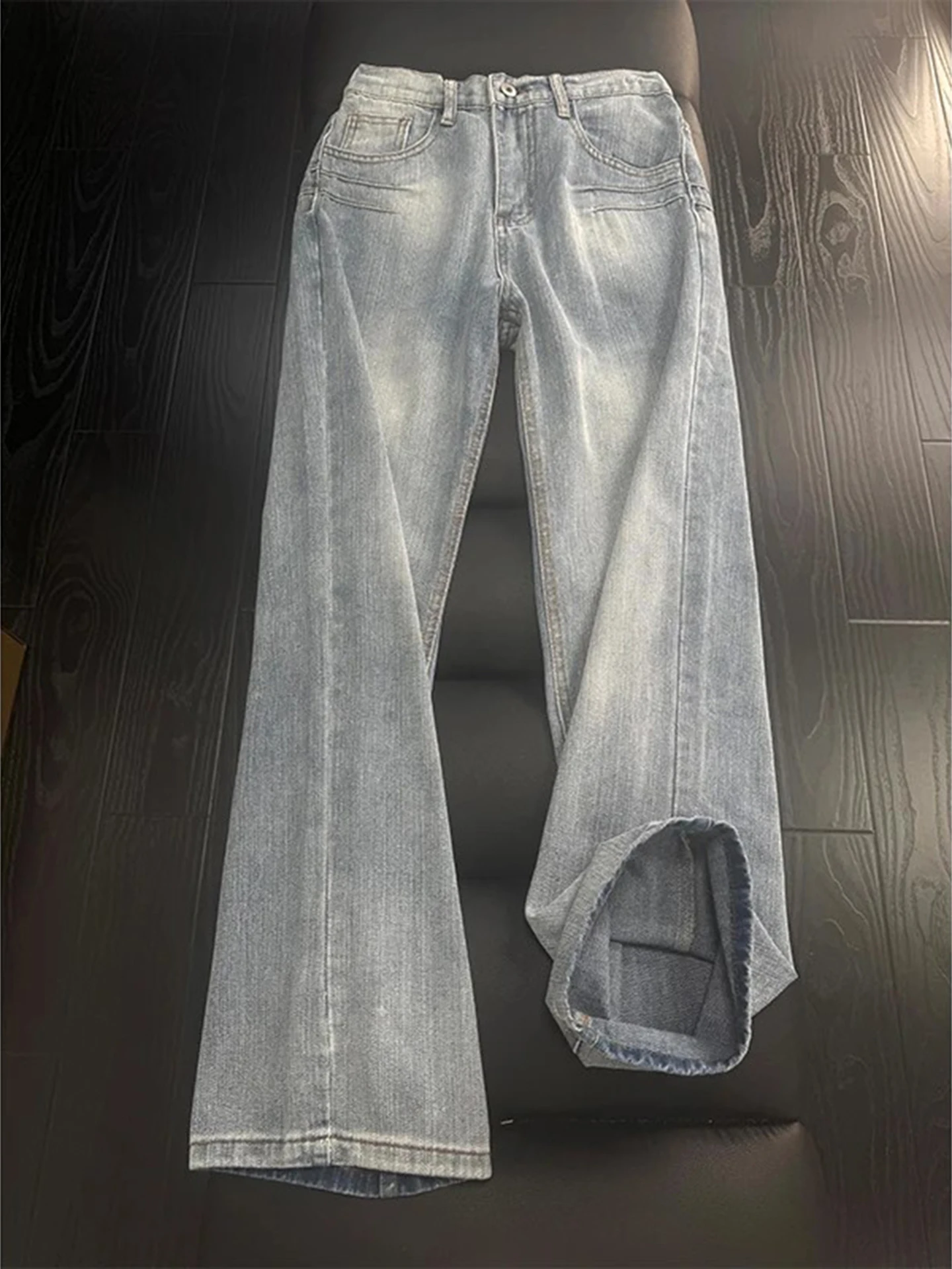 

Blue Bamboo Bud Design Flared Jeans Men's High Street Sle Straight Leg Denim Pants Autumn Season Casual Wear Polyester Fiber