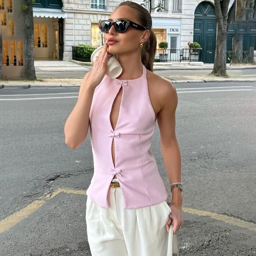 Tuularose Bow Backless Vest Women Summer Sleeveless Halter Hollow Top Elegant Slim Skirt New Y2k Female Tanks  Short Top Office image 2