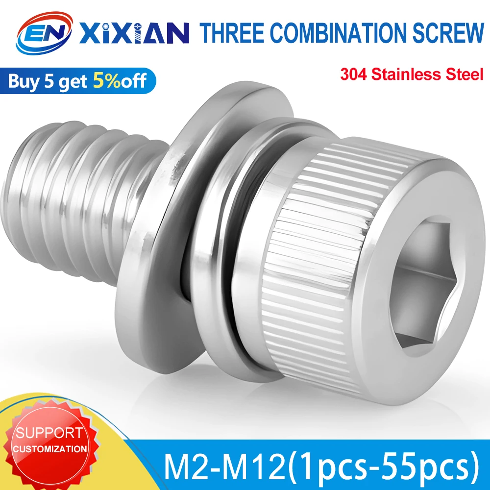Hex Hexagon Socket Cap Head Sems Screw with Washer Spring Gasket Assemble Stainless Steel Bolt M2 M2.5 M3 M4 M5 M6 M8 M10 M12