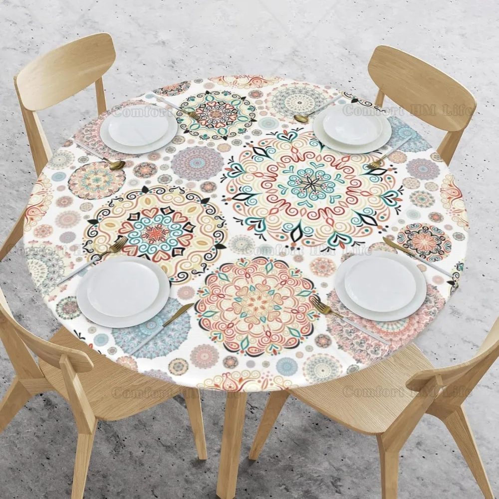 Elastic Edged Round Bohemian Fitted Table Cloth Cover Home Decorative Tablecloth for Indoor Outdoor Kitchen Party Fits 40\