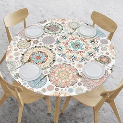 Elastic Edged Round Bohemian Fitted Table Cloth Cover Home Decorative Tablecloth for Indoor Outdoor Kitchen Party Fits 40