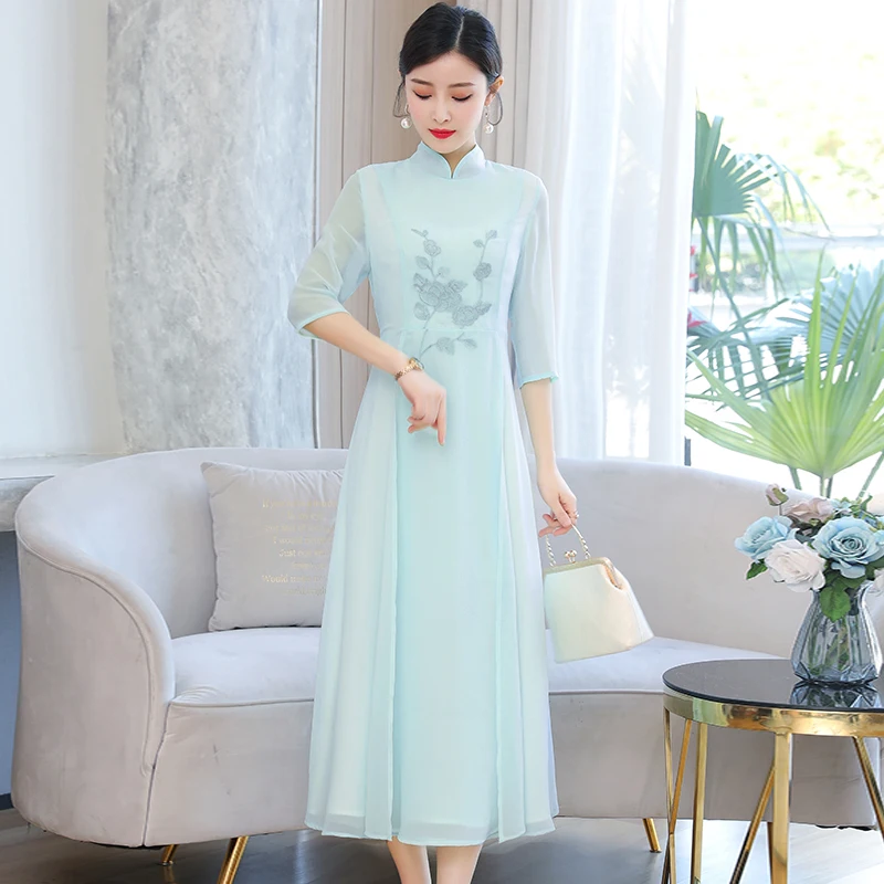 Chinese Style Chiffon Dress Embroidered Fairy Dress Cheongsam Zen Tea Art Dress Qipao Dress Women Elegant Party Festival Dress