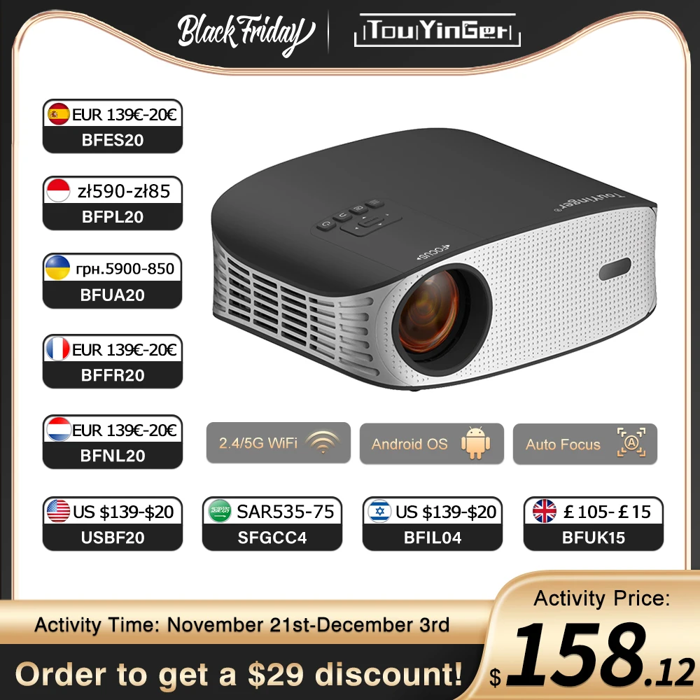 Touyinger ET32 Full HD 1080P Projector Android 9.0 5G WIFI Home theater Media Video Player Smart Beamer