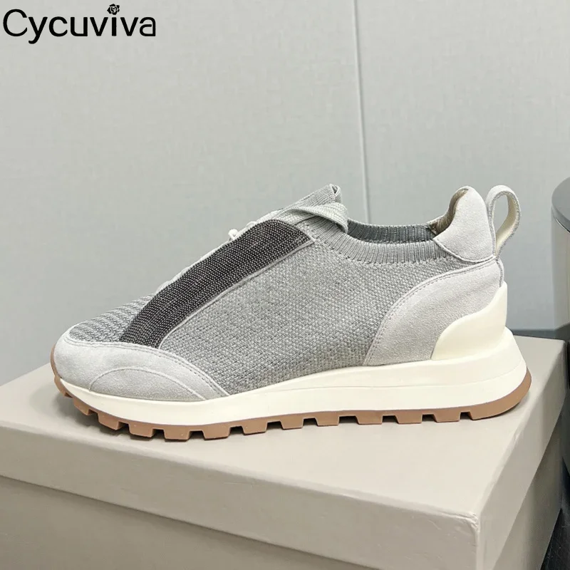 2024 Knitted Lace Up Sneakers Women Round Toe Casual Comfort Breathable Flat Shoes Summer Outdoor Office Walking Shoes For Women