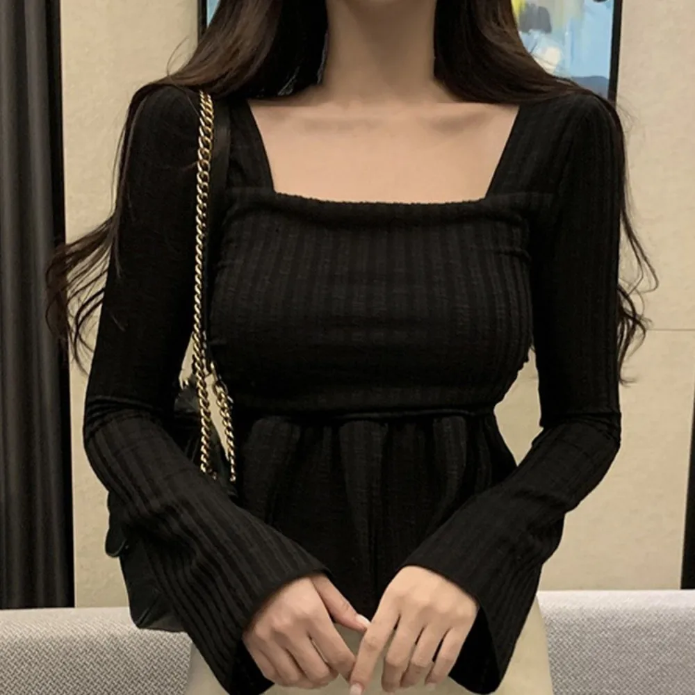 

Soft Pleat Hem Sweet Slim Tops Square Neck Solid Color Long Sleeve T-shirt Thin Bottoming Shirt Long Knitted Top Spring Autumn