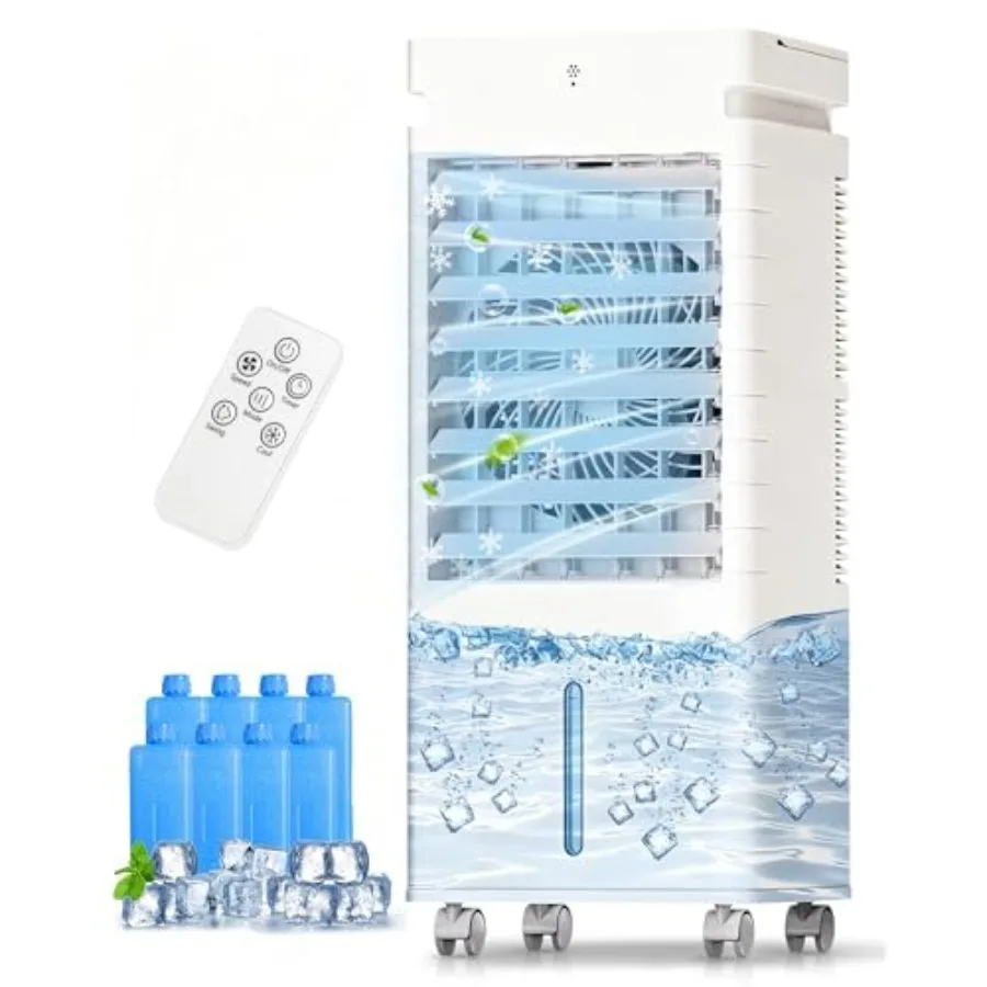 Portable air conditioner for bedroom and garage use, white plastic unit with evaporative cooling, remote control, 5L tank, 12 s