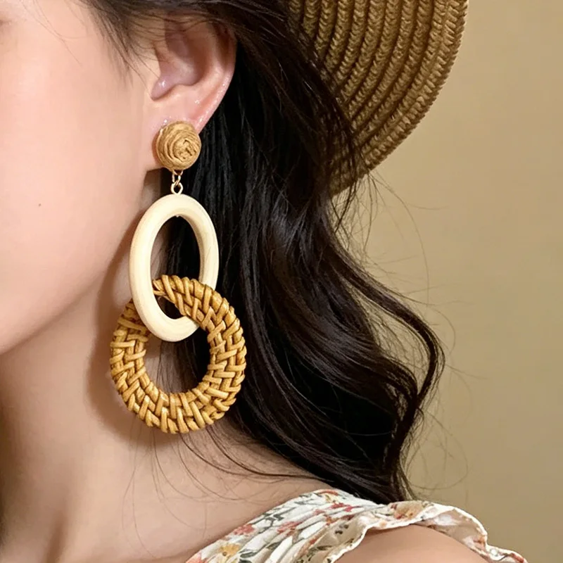 Rattan Round Long Drop Earrings High Quality Eco Friendly Woven Accessory Elegant Luxury Style for Seaside Trip Women Face
