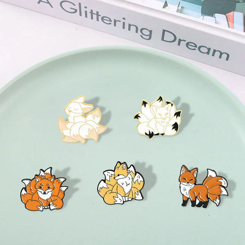 Nine Tailed Fox Enamel Pins Custom Kawaii Cute Animal Brooches Lapel Badges Bag Fun Cartoon Jewelry Gift for Kids Friends