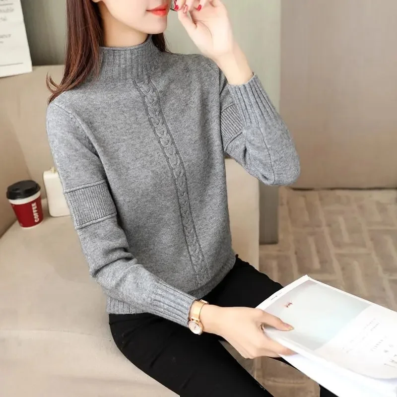 2023 Winter Knitted Sweater Women Korean Turtleneck Sweater Solid Pullover Warm Jumpers Basic Tops Soft Knit Brown Sweater