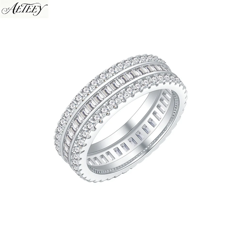 AETEEY 925 Silver Three Rows Full Zircon Band Ring Wide Finger Stackable Women Index Finger Jewelry