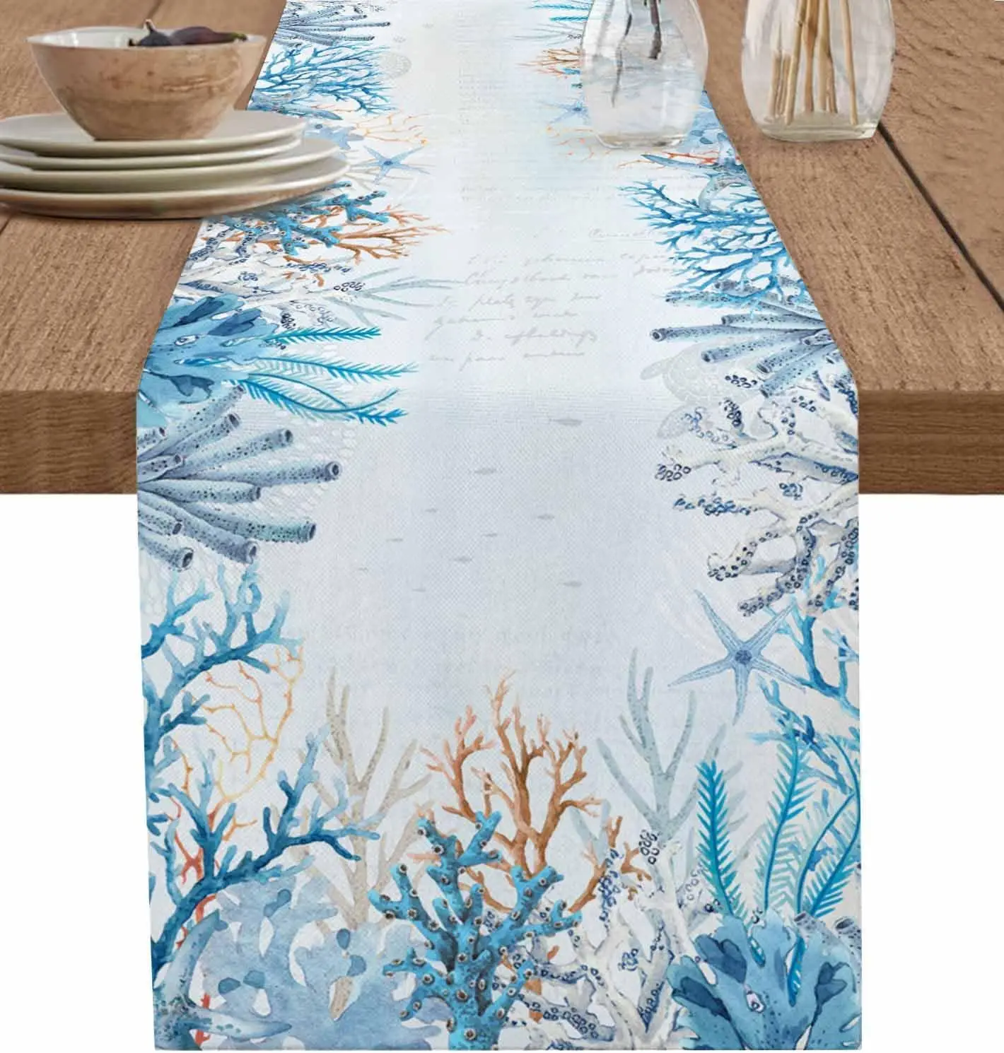 

Coastal Blue Coral Octopus Starfish Linen Table Runner Home Table Decor Reusable Kitchen Dining Table Runner Holiday Party Decor