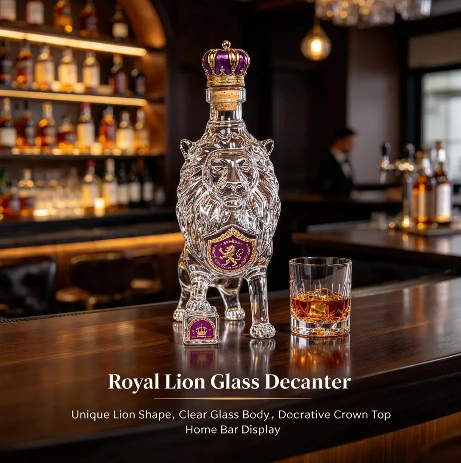 Lion Shaped Glass Spirit Decanter With Crown Cap Lead Free Glass Wine Container For Home Bar Counter Party Display Collection