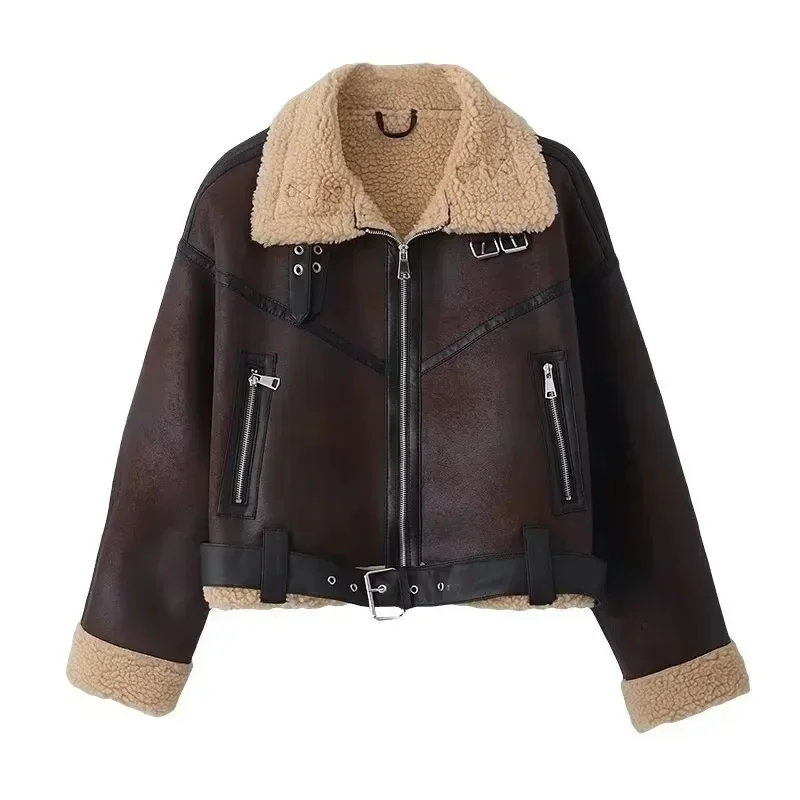 

2023 Spring Autumn Women Fur Loose Belt Warm Jacket Lamb Wool Thickened Locomotive Lapel Female Coat Brown Chic Outwear