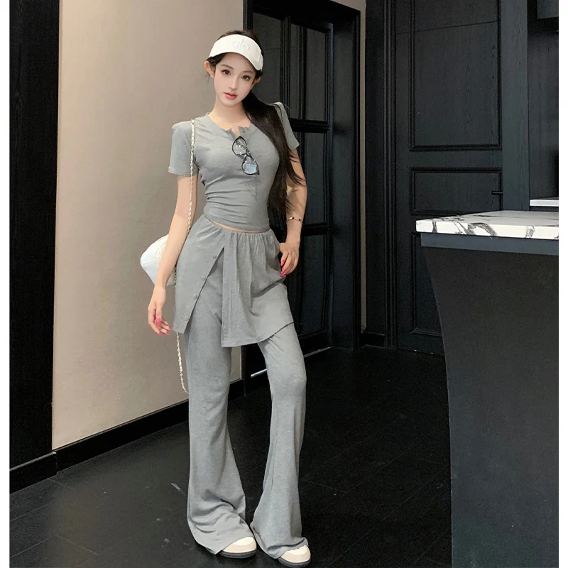 

Summer 2026 Korean Style Button Short T-Shirt And Pants Set Spicy Girl Casual Outfit Long Pants Two-Piece Suit for Women