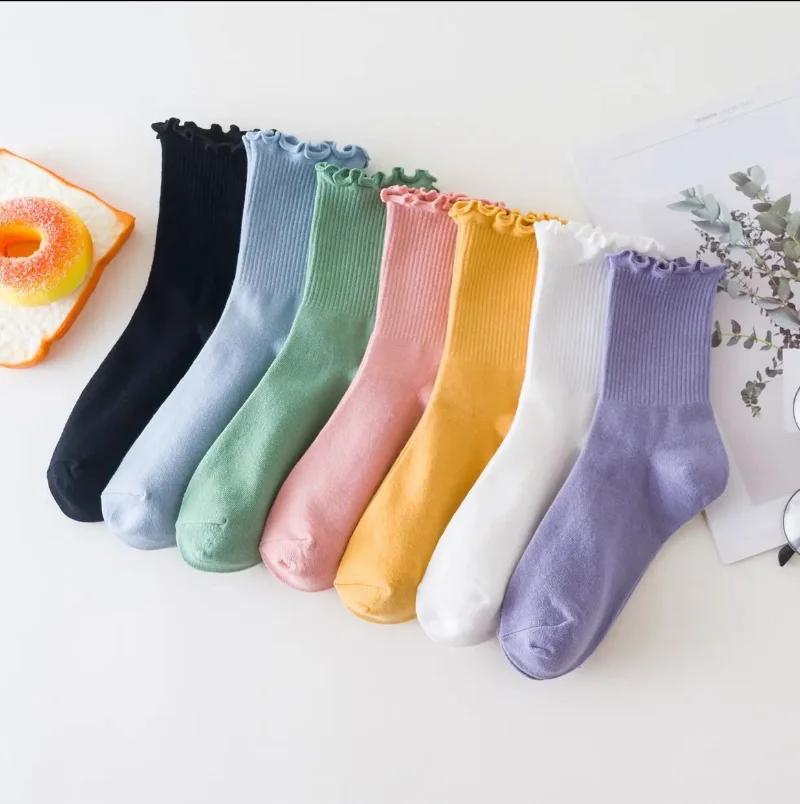 3 Pairs/lot Women Ruffle Lace Cute Socks Polyester Cotton Loose Autumn Winter Knitting Solid Color Long Breathable Mid Tube Sock