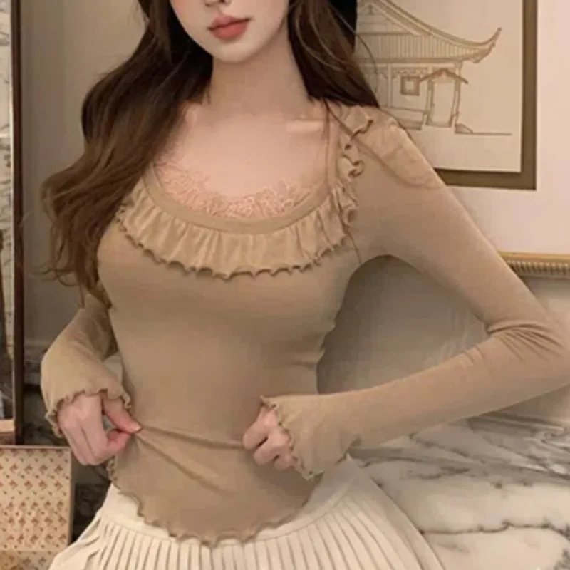 Aesthetics Slim Lace Fake Two Tops Casual Basic Sweet Long Sleeve Blosue Y2k E-girl Fit Japan Fashion Pullover Woman Chic