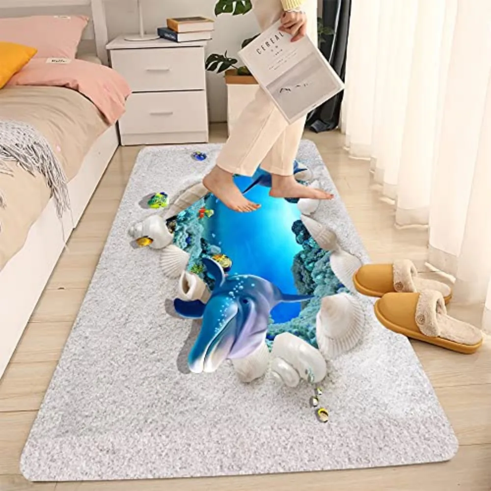 VIKAMA Non-slip Washable Bath Mat Soft 3D Dolphin Beach Print Rug for Kitchen Living Room