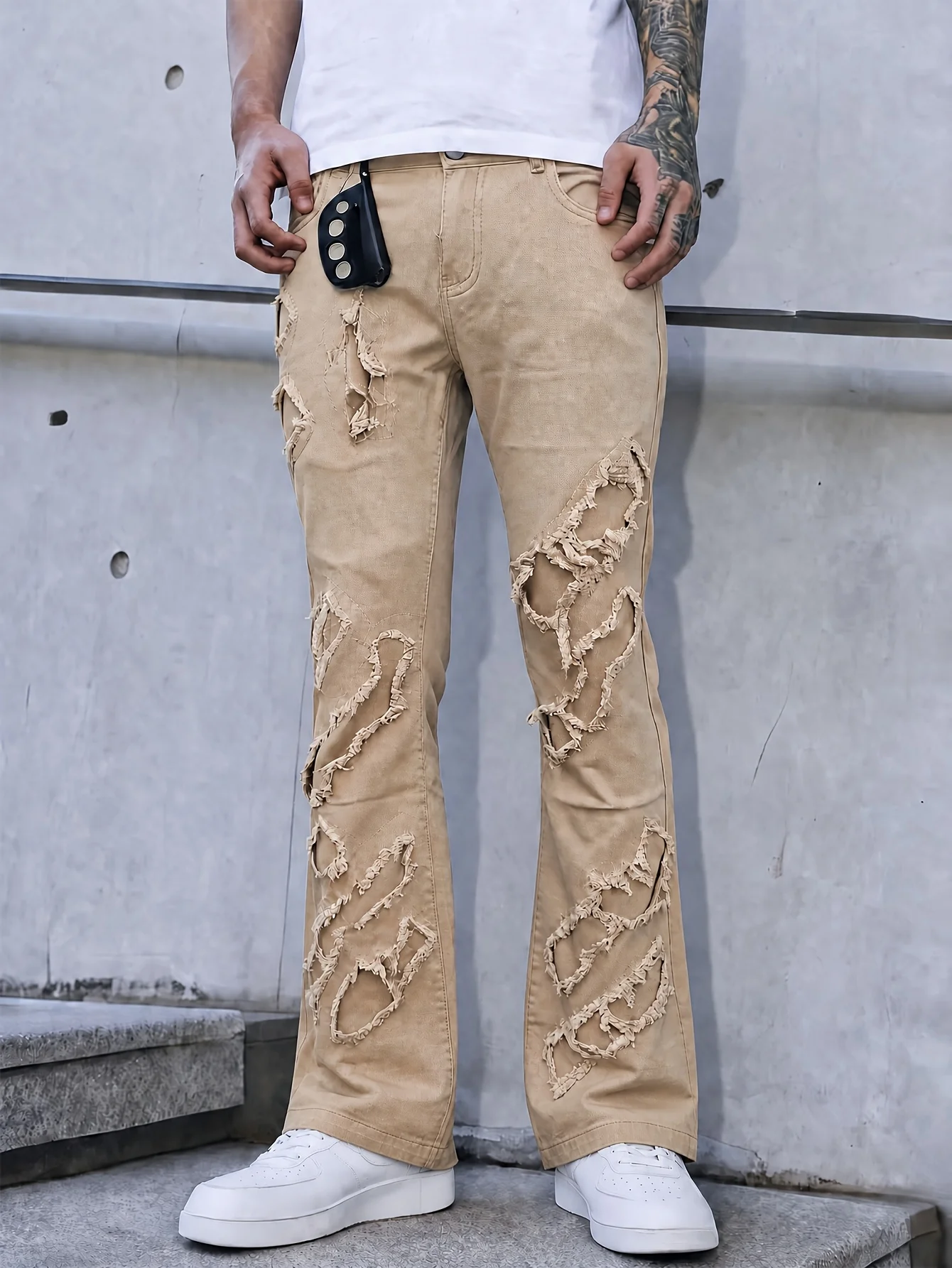High Stretch Men Frayed Patch Flare Denim Jeans Vintage Fringe Distressed Micro Flare Trousers Hip Hop Streetwear Casual Pants