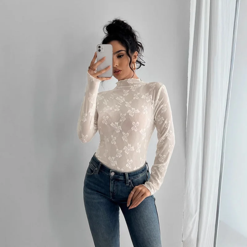 

2025New Autumn and Winter Women's Butterfly Jacquard Mesh Slim Fit Stand Collar Long SleeveTShirt Top