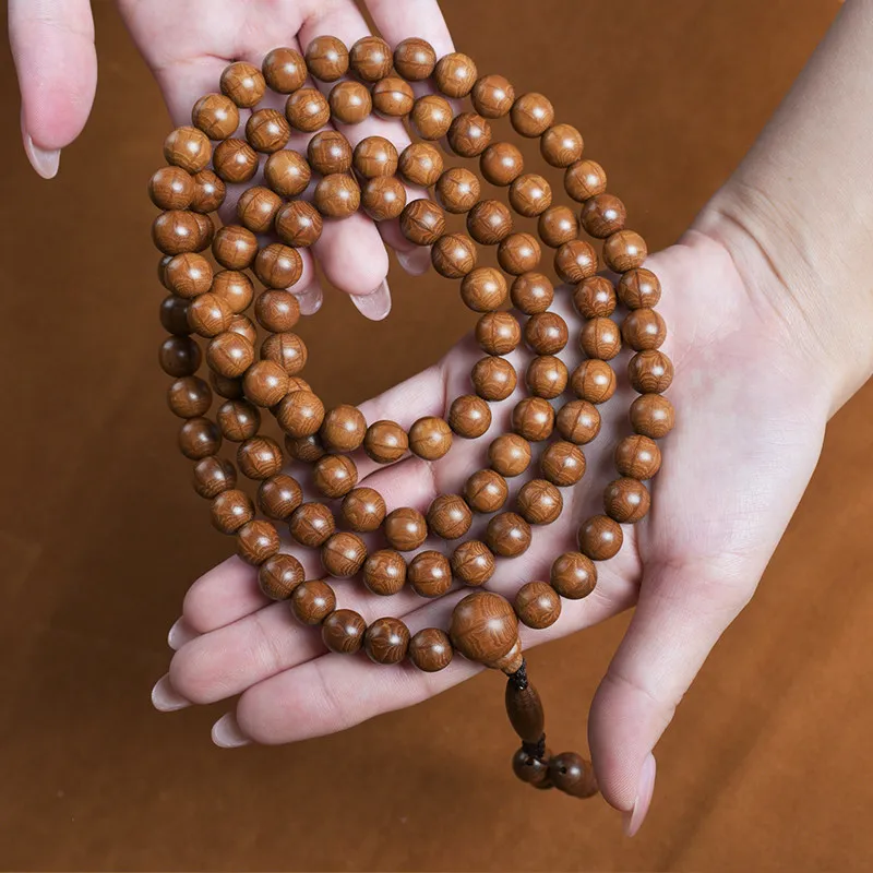 Chinese Style Natural Six Grain Dragon Wood 108 Beads Mala Bracelet Lucky Blessing Wealth Attracting Good Fortune Prayer Beaded