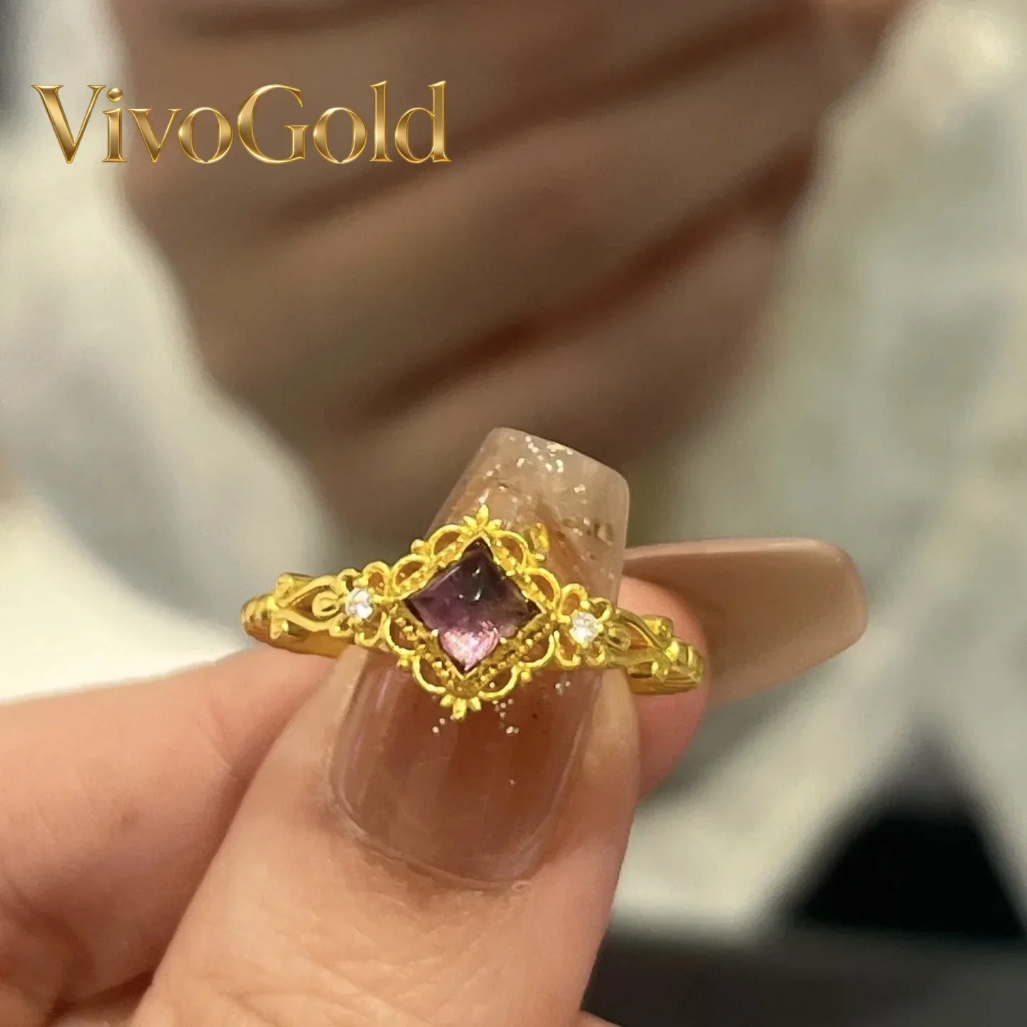 VivoGold24K real gold light luxury medieval style design lace purple star dot diamond ring  9999 white purple gem movable finger